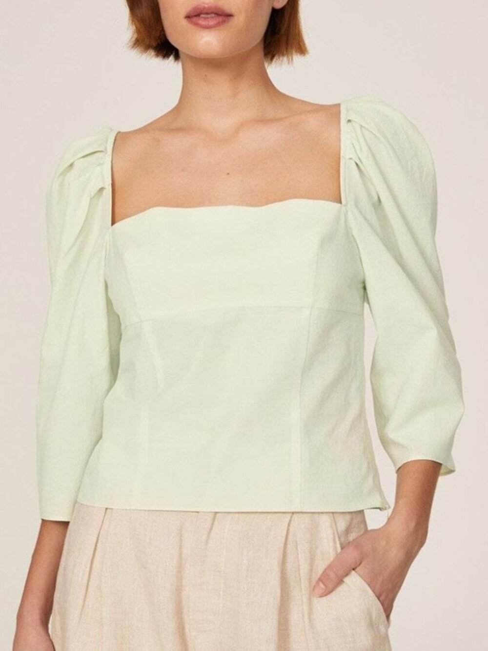 Vince Draped Square Neck Top Blouse Size 6 Light Lime Green Cotton $295 Designer